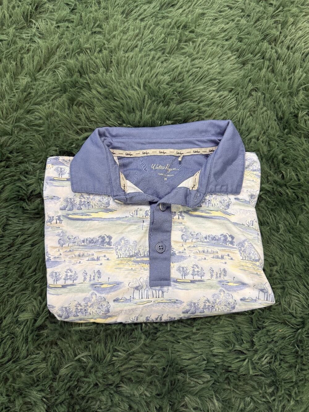 Walter Hagen Men's M Golf Polo Shirt Blue White Green Yellow Golf Course Pattern